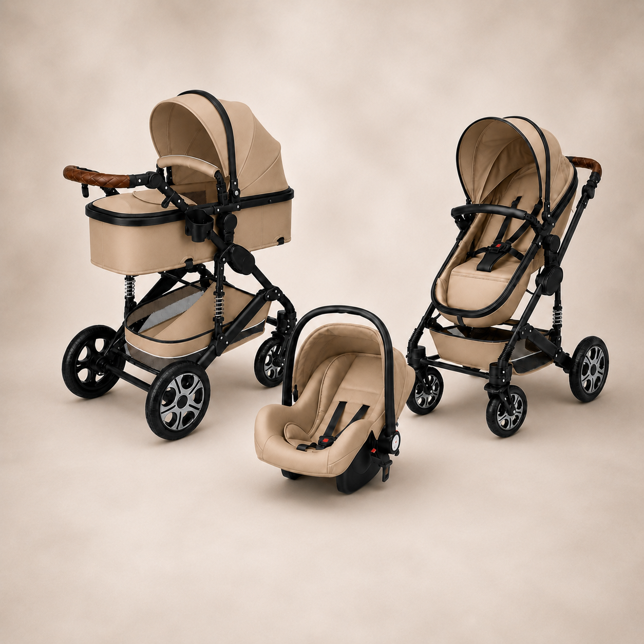 Luxe 3-in-1 Kinderwagen Kaki - compleet set overzicht